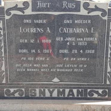 SNYMAN Lourens A. 1889-1967 &amp; Catharina E. JANSE VAN VUUREN 1893-1968