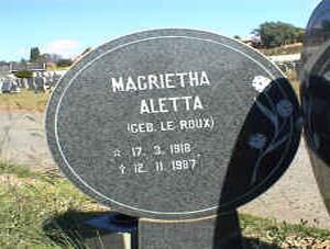 TEBOEKHORST Magrietha Aletta nee LE ROUX 1918-1987