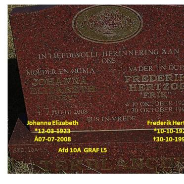 TERBLANCHE Frederik Hertzog 1921-1998 &amp; Johanna Elizabeth 1923-2008