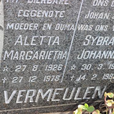 VERMEULEN Sybrand Johannes 1937-1988 &amp; Aletta Margarietha 1926-1978