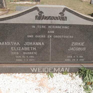 WEIDEMAN Zirkie Jacobus 1911-1981 &amp; Martha Johanna Elizabeth BUSKES 1911-1971