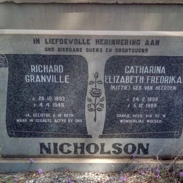 NICHOLSON Richard Granville 1893-1948 &amp; Catharina Elizabeth Fredrika VAN HEERDEN 1898-1989