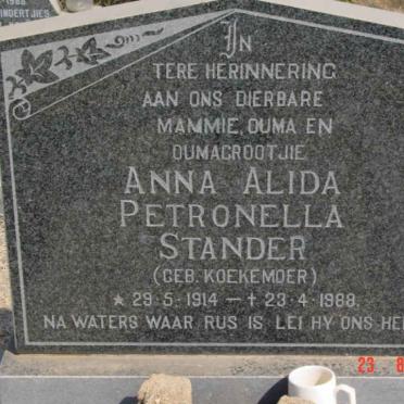 STANDER Anna Alida Petronella nee KOEKEMOER 1914-1988