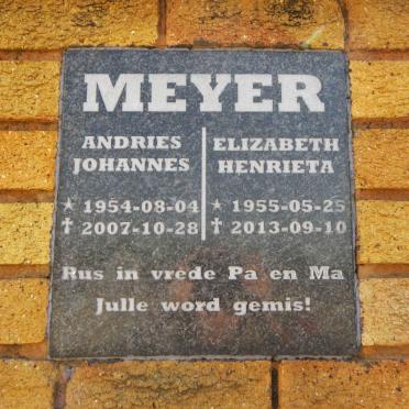 MEYER Andries Johannes 1954-2007 &amp; Elizabeth Henrieta 1955-2013