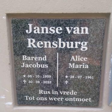 RENSBURG Barend Jacobus, Janse van 1959-2023 & Alice Maria 1961- 