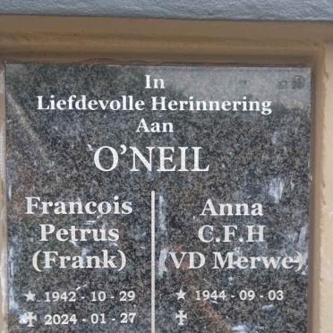 O'NEIL Francois Petrus 1942-2024 & Anna C.F.H. V.D. MERWE 1944- 