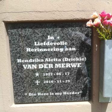 MERWE Hendrika Aletta, van der 1927-2016