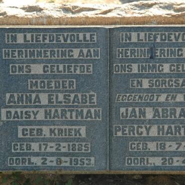 HARTMAN Jan Abraham Percy 1883-1938 &amp; Anna Elsabe Daisy KRIEK 1885-1953