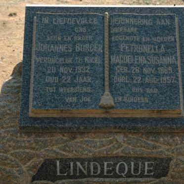 LINDEQUE Petronella Magdalena Susanna 1889-1957 :: LINDEQUE  Johannes Burger -1932