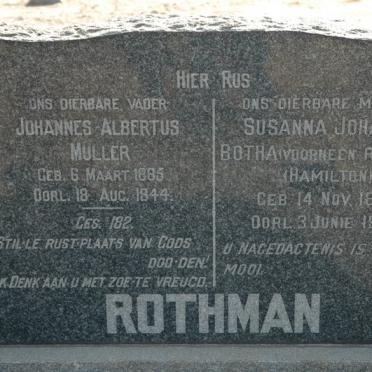 ROTHMAN Johannes Albertus Muller 1885-1944 :: BOTHA  Susanna Johanna nee ROTHMAN born HAMILTON 1887-1968