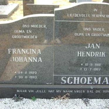 SCHOEMAN Jan Hendrik 1918-1967 &amp; Francina Johanna 1920-1993