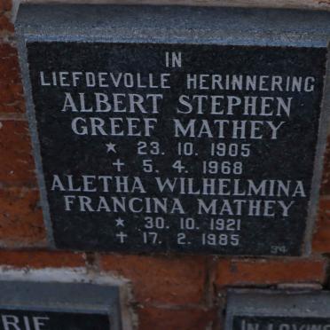 MATHEY Albert Stephen Greef 1905-1968 &amp; Aletha Wilhelmina Francina 1921-1985