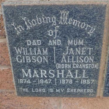 MARSHALL William Gibson 1874-1947 &amp; Janet Allison CRANSTON 1878-1957