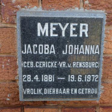MEYER Jacoba Johanna voorheen V. RENSBURG nee GERICKE 1881-1972
