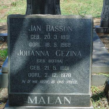MALAN Jan Basson 1881-1968 & Johanna Gezina BOTHA 1891-1978