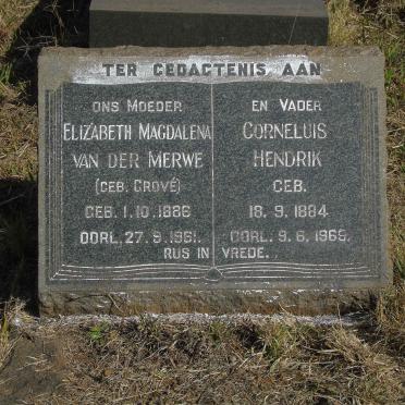 MERWE Corneluis Hendrik, van der 1884-1965 &amp; Elizabeth Magdalena GROVE 1886-1961