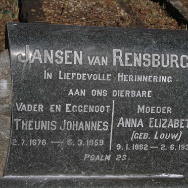 RENSBURG Theunis Johannes, Jansen van 1876-1959 & Anna Elizabeth LOUW 1882-1937