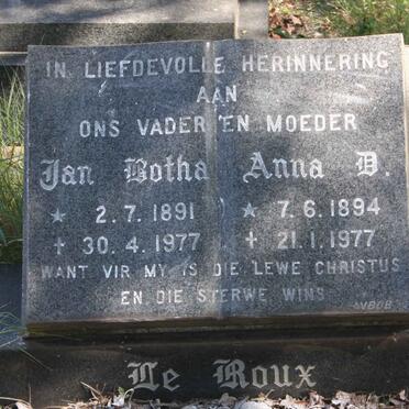 ROUX Jan Botha, le 1891-1977 &amp; Anna D. 1894-1977