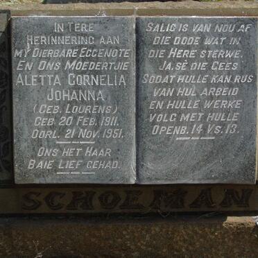 SCHOEMAN Aletta Cornelia Johanna nee LOURENS 1911-1951