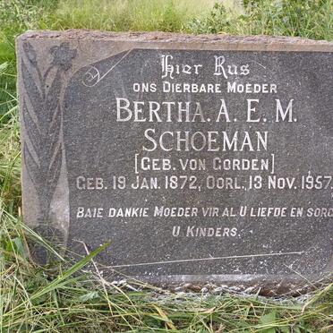 SCHOEMAN Bertha A.E.M. nee VON GORDEN 1872-1957