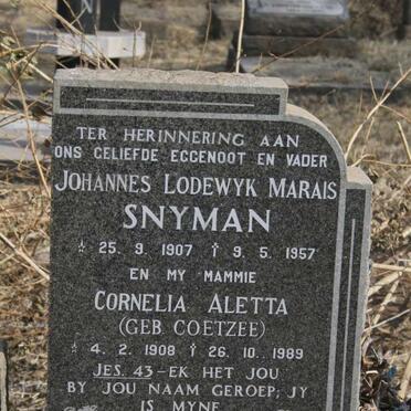 SNYMAN Johannes Lodewyk Marais 1907-1957 & Cornelia Aletta COETZEE 1908-1989