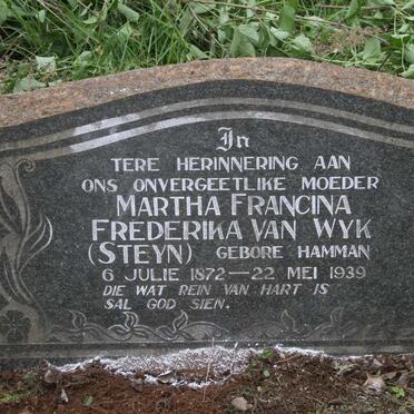 WYK Martha Francina Frederika, van voorheen STEYN nee HAMMAN 1872-1939