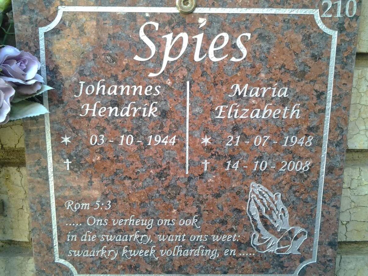 SPIES Johannes Hendrik 1944- &amp; Maria Elizabeth 1948-2008