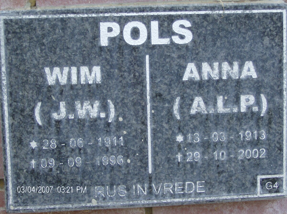 POLS J.W. 1911-1996 &amp; A.L.P. 1913-2002