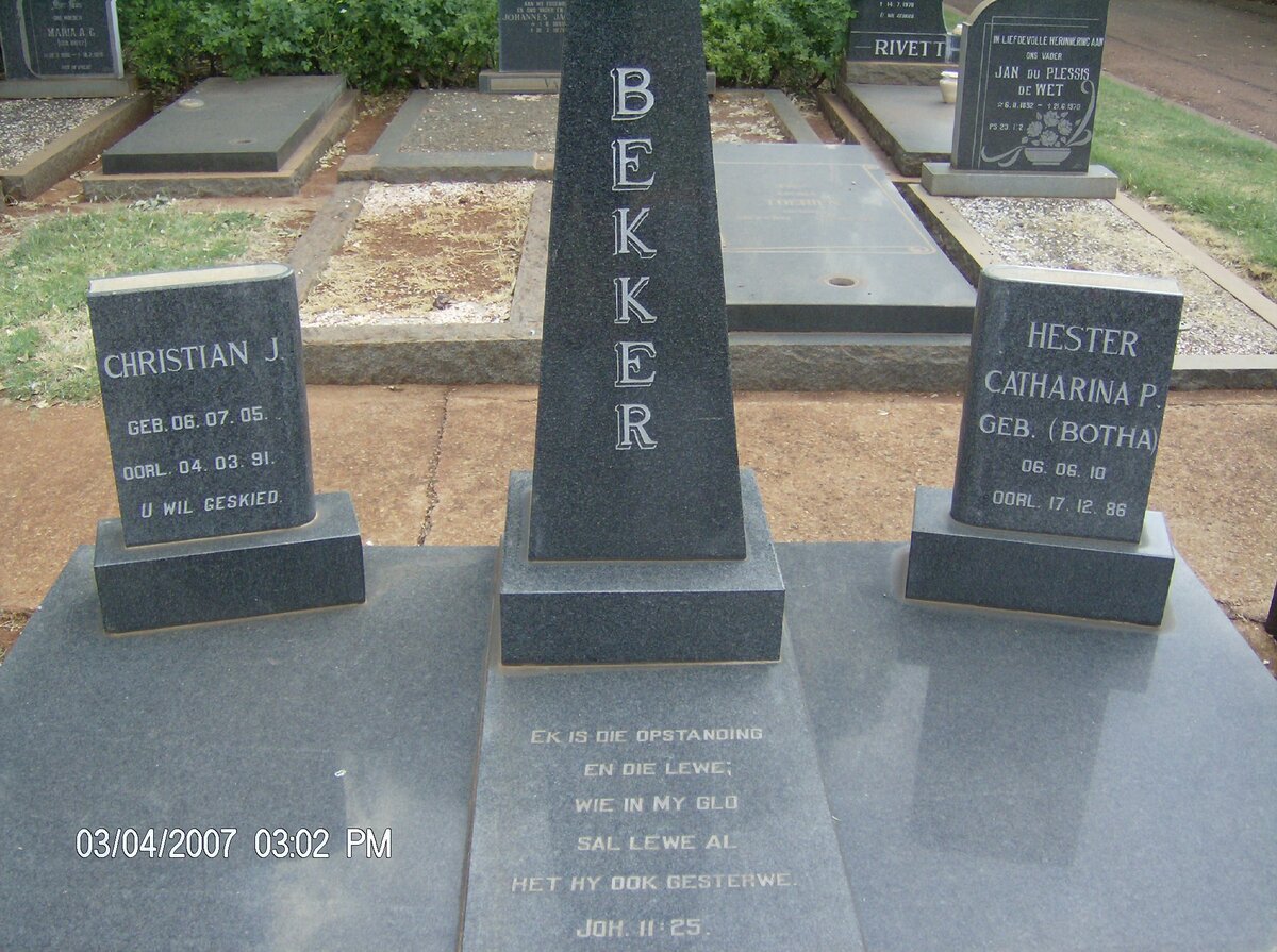BEKKER Christian J. 1905-1991 &amp; Hester Catharina P. BOTHA 1910-1986