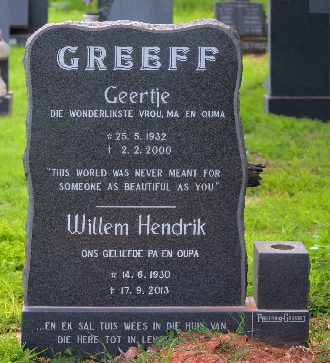GREEFF Willem Hendrik 1930-2013 &amp; Geertje 1932-2000