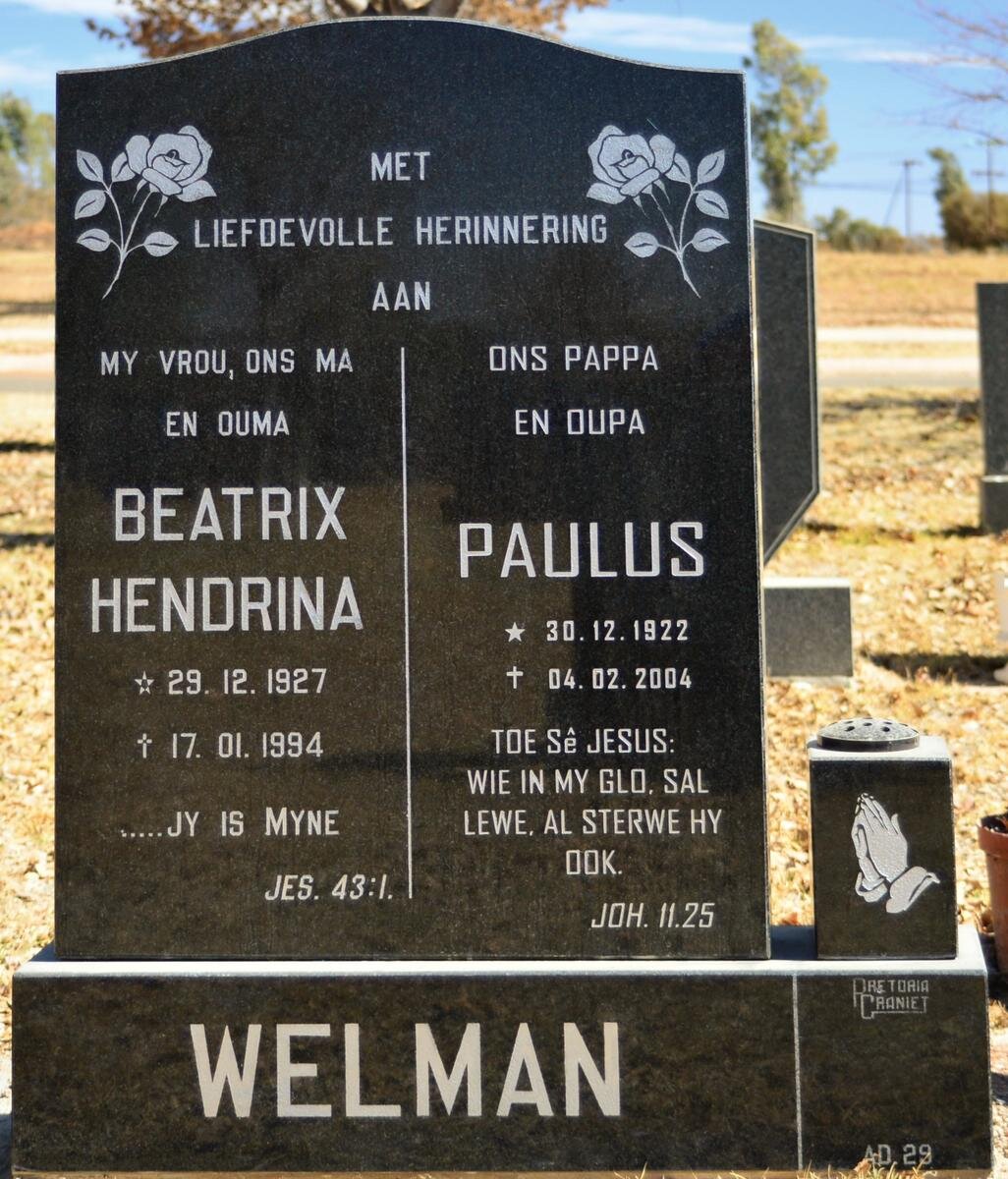 WELMAN Paulus 1922-2004 &amp; Beatrix Hendrina 1927-1994