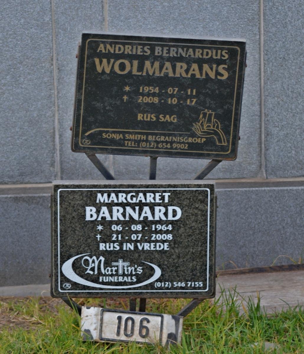 WOLMARANS Andries Bernardus 1954-2008 :: BARNARD Margaret 1964-2008
