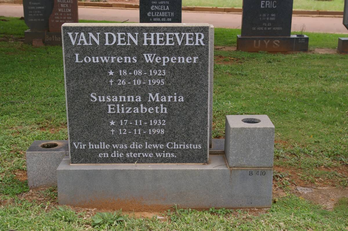 HEEVER Louwrens Wepener, van den 1923-1995 &amp; Susanna Maria Elizabeth 1932-1998