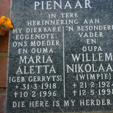 PIENAAR Willem Nikolaas 1924-1998 &amp; Maria Aletta GERRYTS 1918-1996