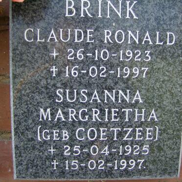 BRINK Claude Ronald 1923-1997 &amp; Susanna Margrietha COETZEE 1925-1997