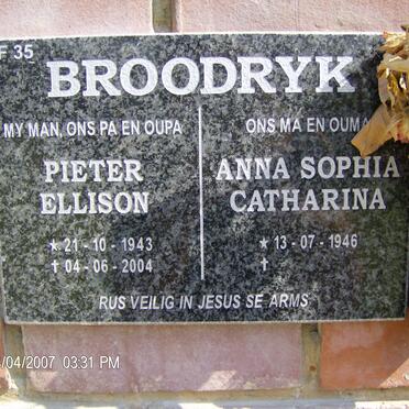 BROODRYK Pieter Ellison 1943-2004 &amp; Anna Sophia Catharina 1946-
