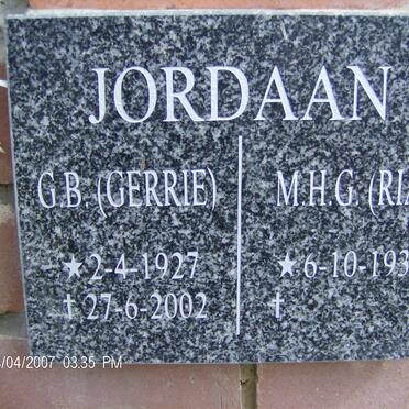 JORDAAN G.B. 1927-2002 &amp; M.H.G. 1931-