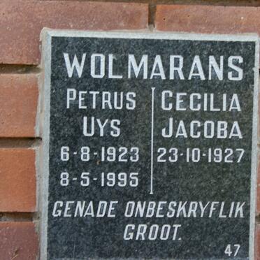 WOLMARANS Petrus Uys 1923-1995 &amp; Cecilia Jacoba 1927-