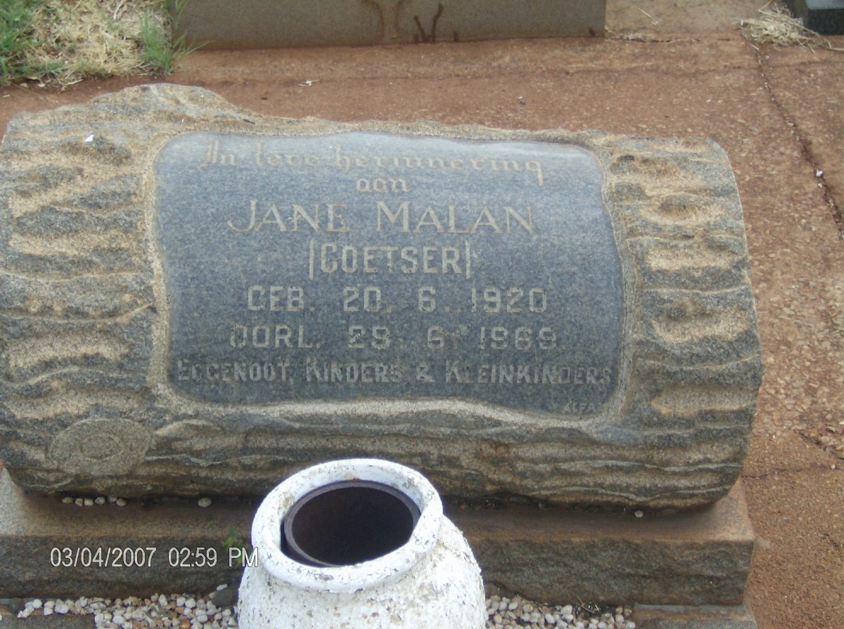 MALAN Jane nee COETSER 1920-1969