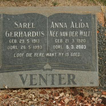 VENTER Sarel Gerhardus 1913-1993 &amp; Anna Alida VAN DER WALT 1920-2003