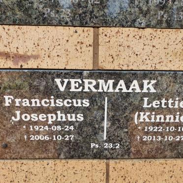 VERMAAK Franciscus Josephus 1924-2006 &amp; Lettie KINNIE 1922-2013