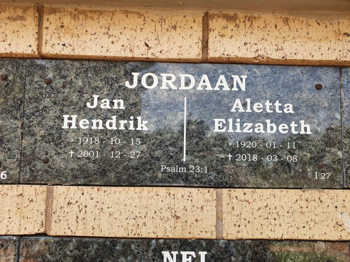 JORDAAN Jan Hendrik 1918-2001 &amp; Aletta Elizabeth 1920-2018