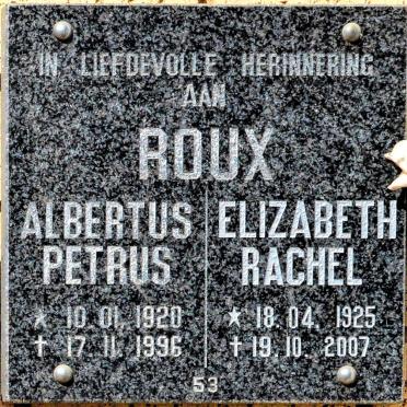 ROUX Albertus Petrus 1920-1996 &amp; Elizabeth Rachel 1925-2007