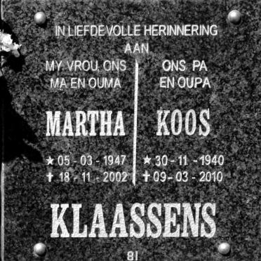 KLAASSENS Koos 1940-2010 &amp; Martha 1947-2002