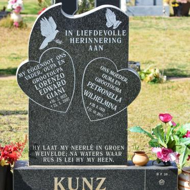 KUNZ Lorenzo Edward Giani 1935-2007 &amp; Petronella Wilhelmina 1935-2011