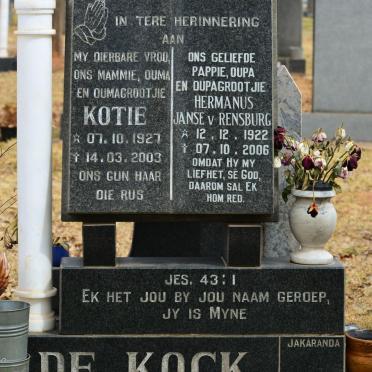 KOCK Hermanus Janse v Rensburg, de 1922-2006 &amp; Kotie 1927-2003