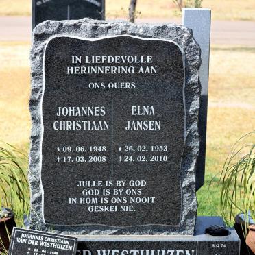 WESTHUIZEN Johannes Christiaan, van der 1948-2008 &amp; Elna Jansen 1953-2010