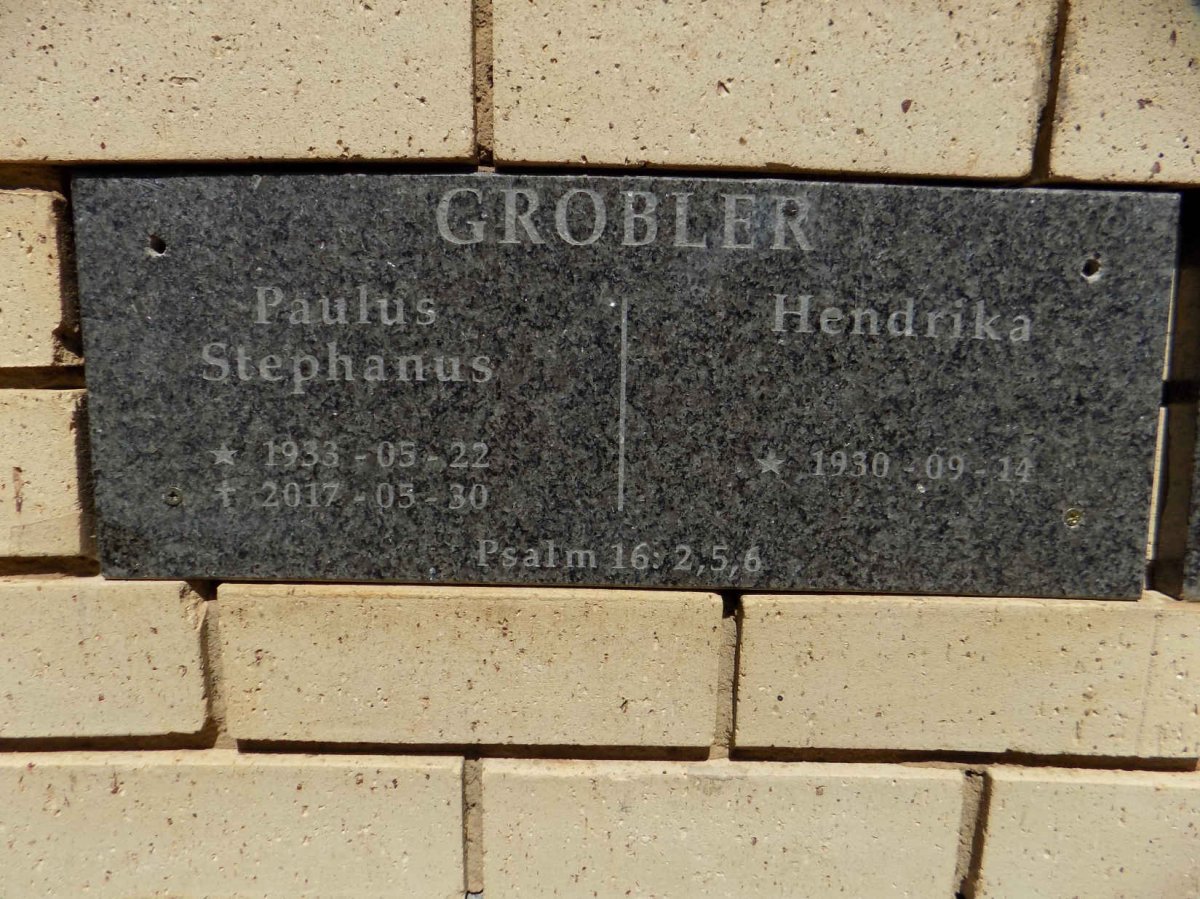 GROBLER Paulus Stephanus 1933-2017 &amp; Hendrika 1930-