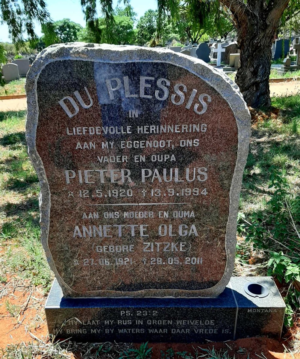 PLESSIS Pieter Paulus, du 1920-1994 &amp; Annette Olga ZITZKE 1921-2011