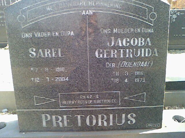 PRETORIUS Sarel 1910-2004 &amp; Jacoba Gertruida ODENDAAL 1918-1979